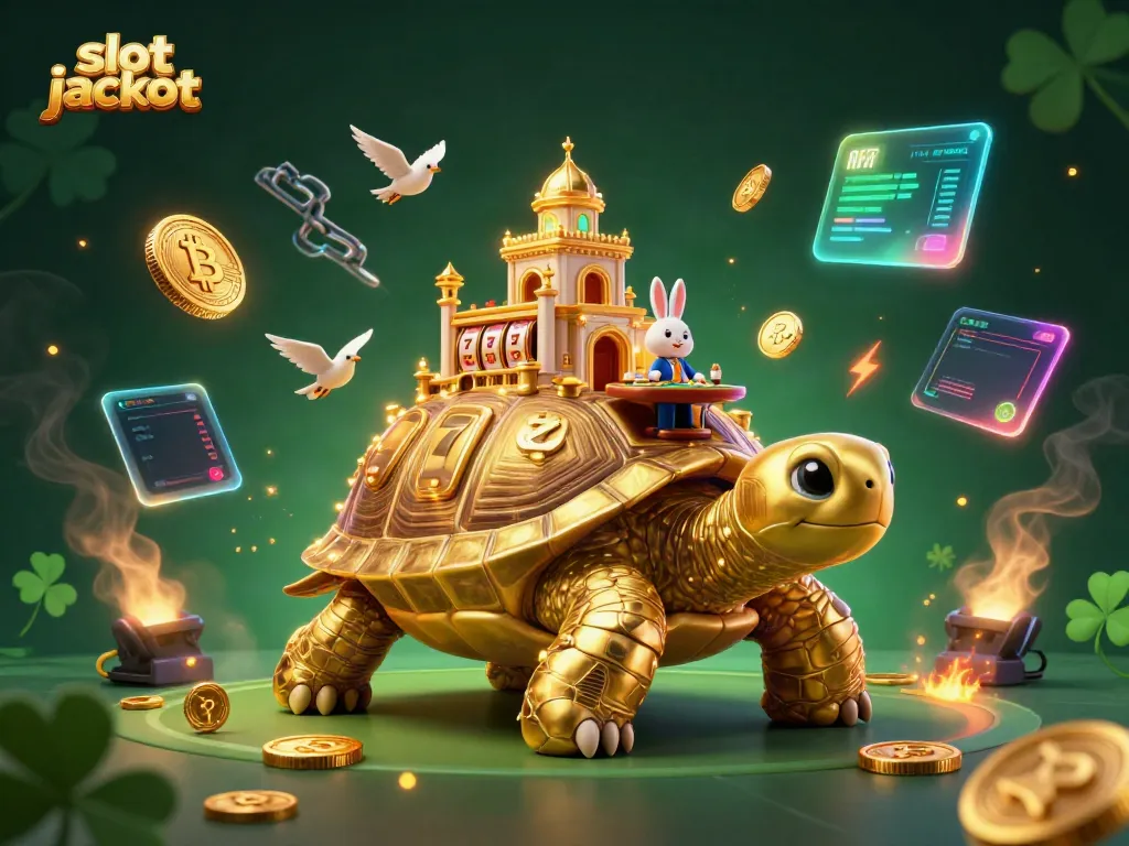 Experience thrilling action with slot jackpot as golden tortoise and rabbit dealer illuminate the casino scene.