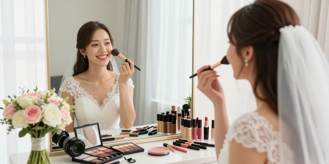 Trucco sposa: Sposa felice mentre si trucca in un ambiente luminoso e romantico.