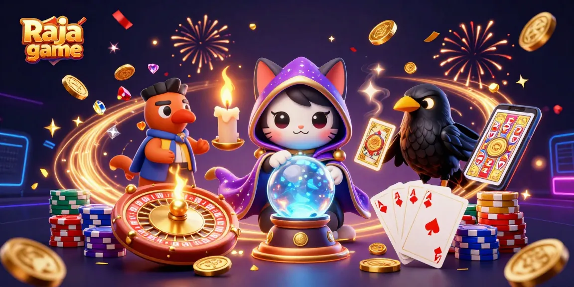 Engage with the thrilling Raja game by joining a mystical casino scene featuring a fortune teller cat and shimmering rewards.