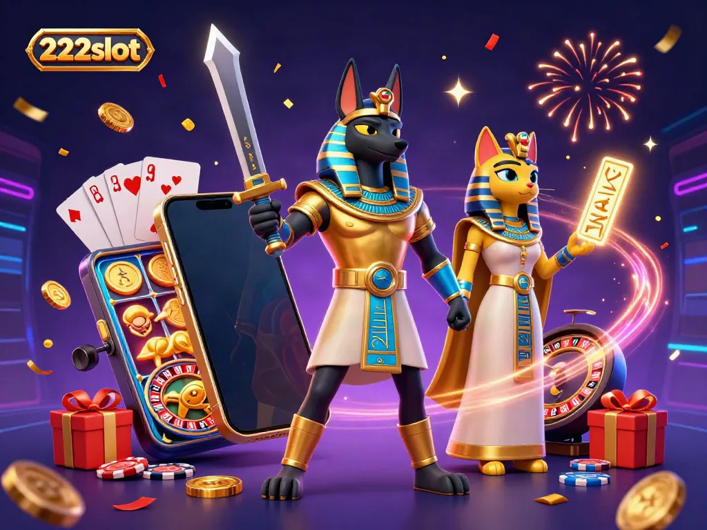 Menangkan hadiah di 222slot dengan ilustrasi Anubis dan Bastet di tengah permainan kasino yang meriah.