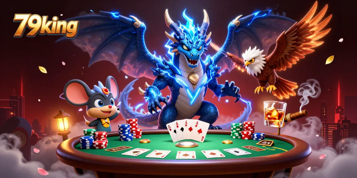 Experience thrilling 79king gaming action with a dynamic casino scene featuring poker stacks and characters.