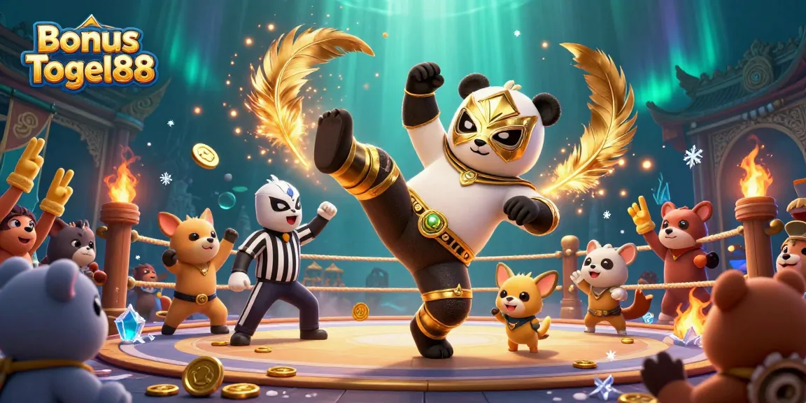 Experience thrilling action with Bonus Togel88 featuring a panda wrestler and animated crowd in a vibrant casino scene.
