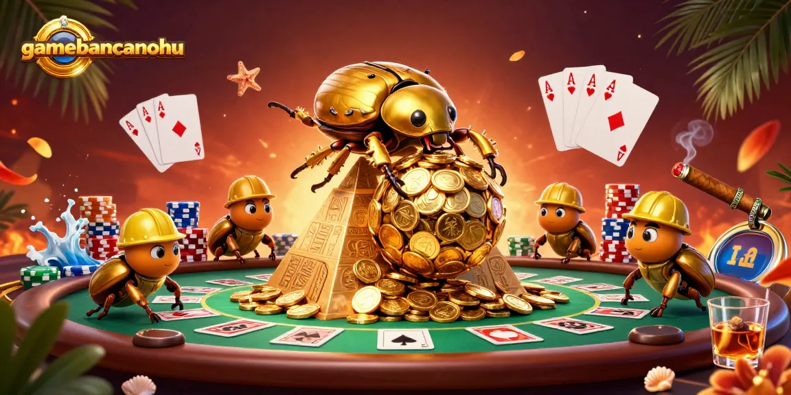 Engage with gamebancanohu's thrilling scene featuring golden beetles and poker tables amidst vibrant casino elements.