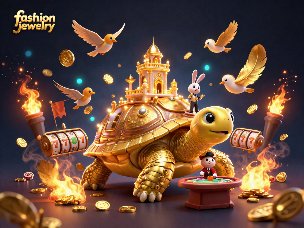 Experience fashion jewelry with a lively casino theme featuring a golden tortoise and dealer.