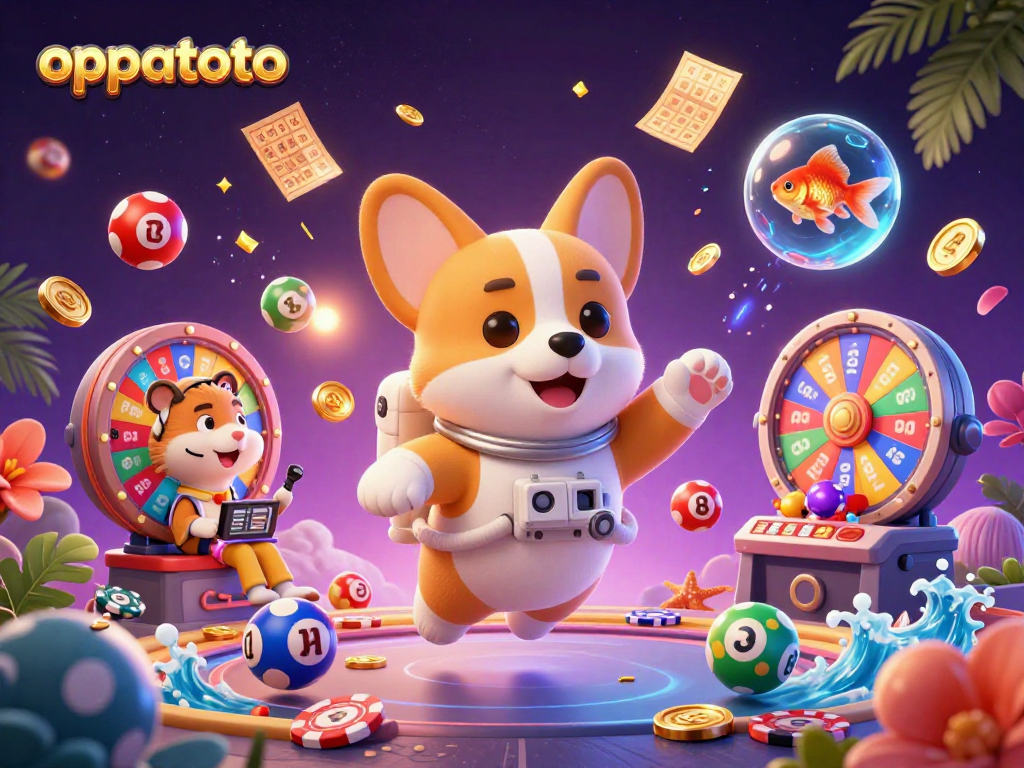 Engage with oppatoto's thrilling games, featuring a playful astronaut corgi in a casino setting.