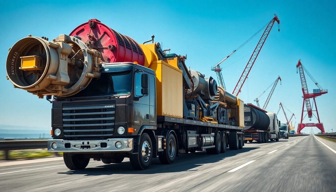 Showcasing efficient equipment transportation with heavy machinery on a truck.