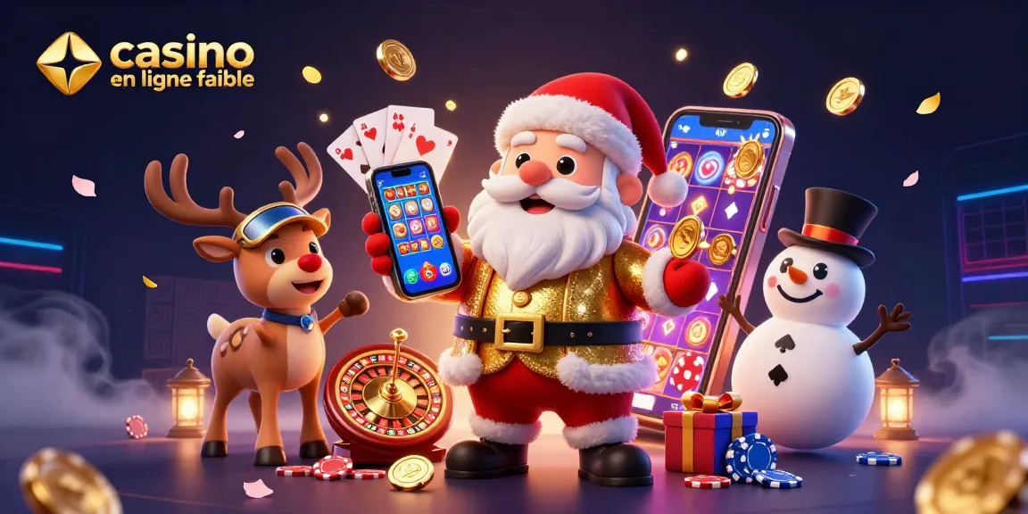 Vivez l'excitation du casino en ligne fiable avec un Santa ludique et son équipe dans une illustration captivante.