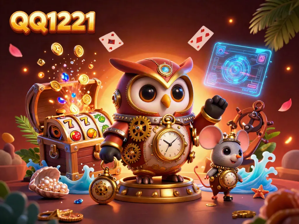 Experience thrilling QQ1221 slots with a captivating time-traveler owl and dynamic casino elements in a rich 3D artwork.