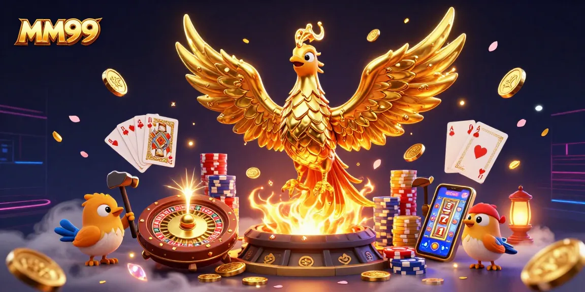 Experience winning moments at MM99 with a vibrant 3D casino scene filled with golden coins, poker chips, and live gaming elements.