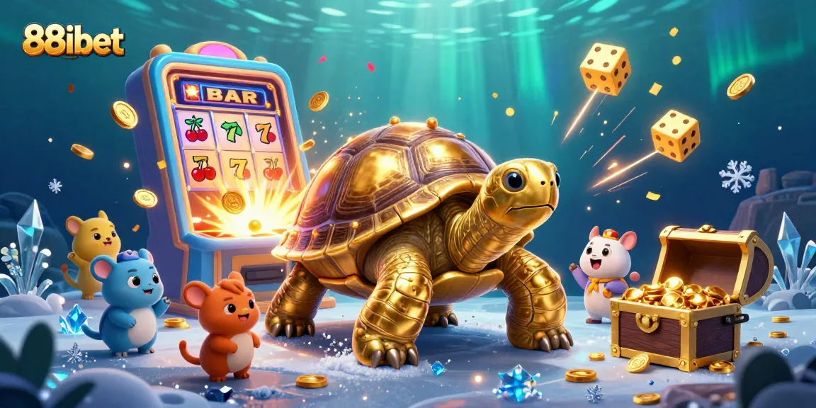 Experience the fun of 88ibet with a lively 3D illustration of a colossal tortoise pinball machine surrounded by vibrant casino elements.