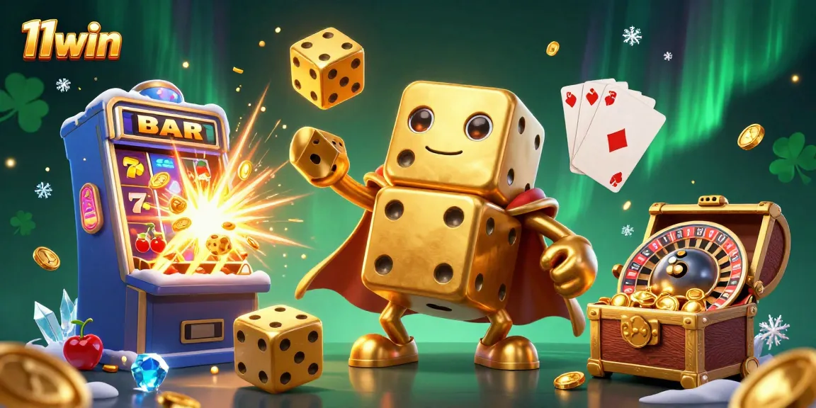 Discover thrilling gameplay at 11win with a dynamic casino-themed illustration featuring golden dice and jackpot excitement.