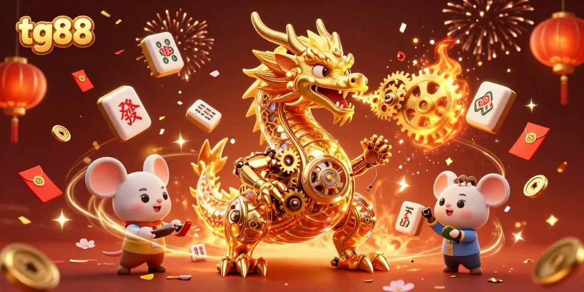 Experience elite gaming at tg88 with a golden dragon amidst vibrant casino elements.