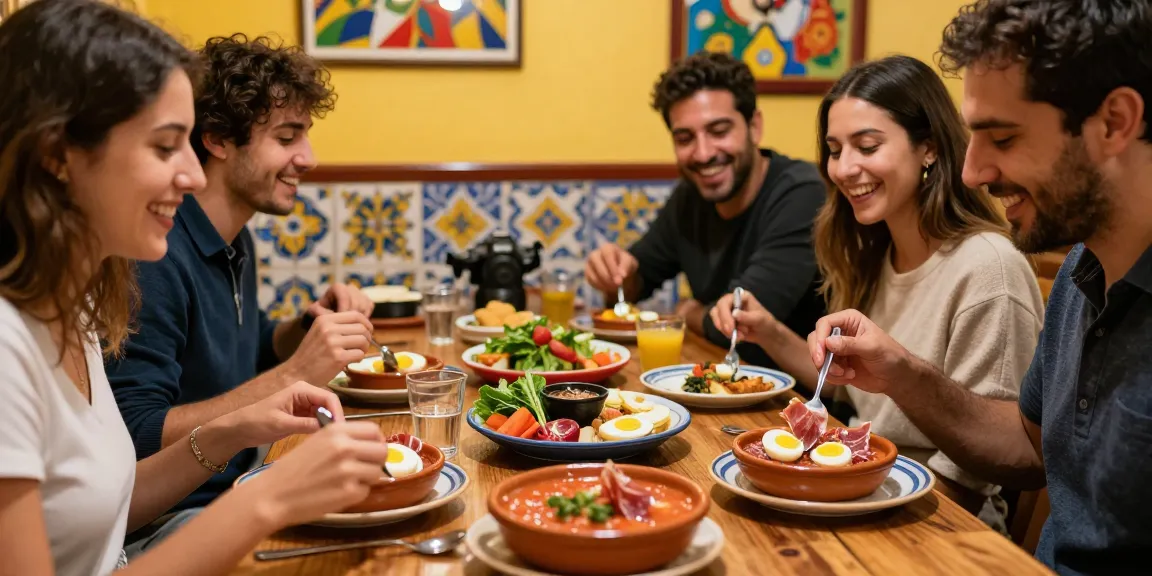 A delicious serving of the best salmorejo near me garnished with jamón serrano and eggs at a lively Spanish tapas bar.