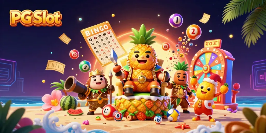 Engage with PG Slot gameplay illustrated by a golden pineapple king in a vibrant casino setting, embodying winning excitement.
