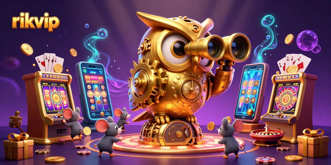Experience the excitement of rikvip with a golden owl overseeing a bustling casino scene.