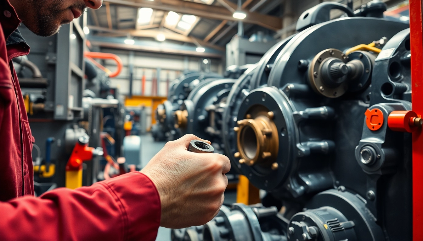 Mechanic provides equipment service on heavy machinery in a well-equipped workshop.