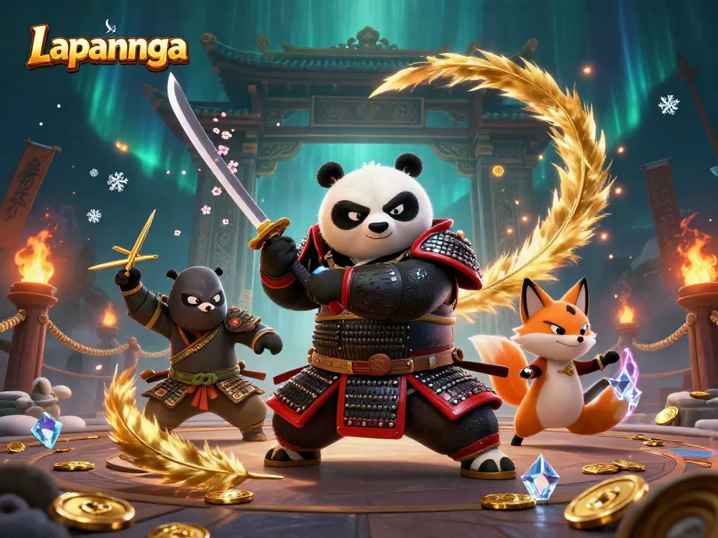 Lapannaga menghadirkan samurai panda dan ninja rubah dalam arena perjudian yang megah.