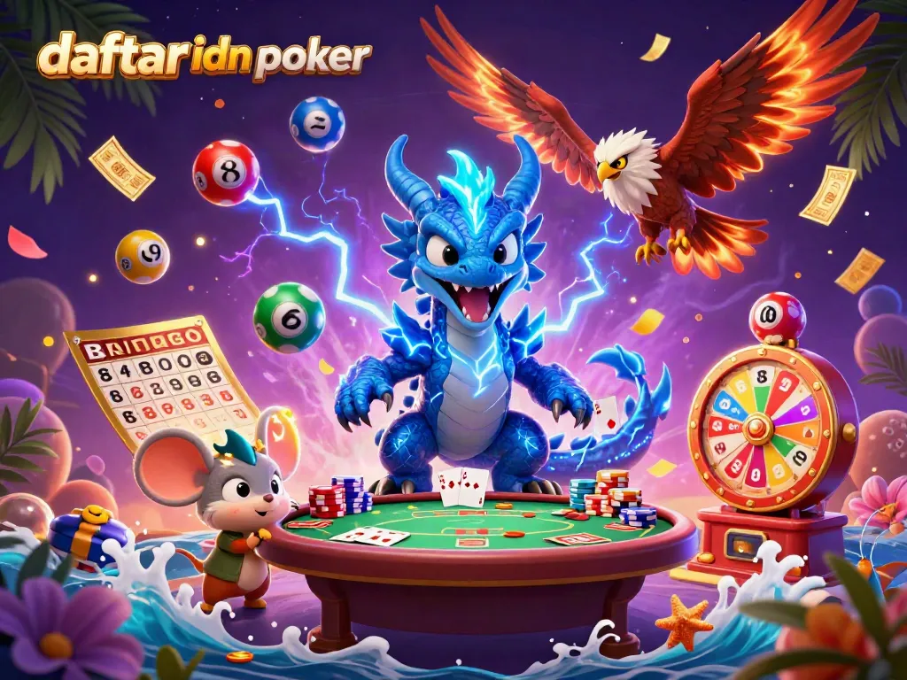 Get ready to play daftar idn poker with an exciting 3D scene featuring a thunder dragon and poker elements.