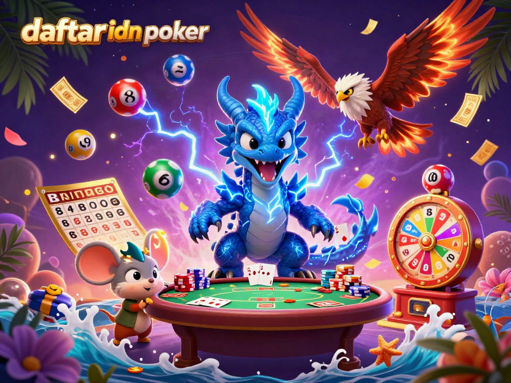 Get ready to play daftar idn poker with an exciting 3D scene featuring a thunder dragon and poker elements.