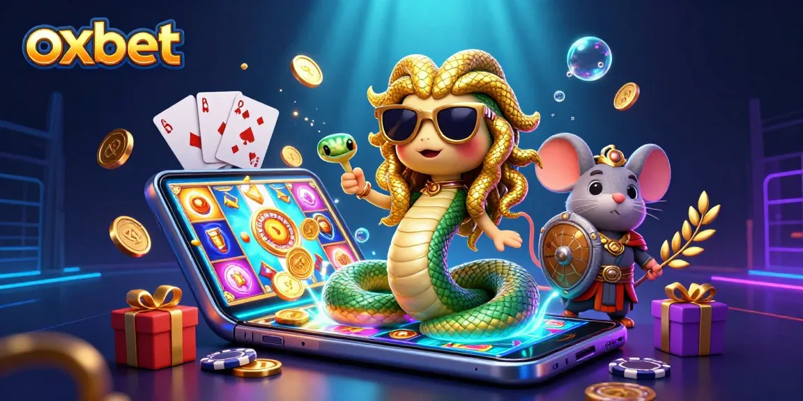 Spin to win at Oxbet with Medusa and a warrior mouse in a lively casino scene.