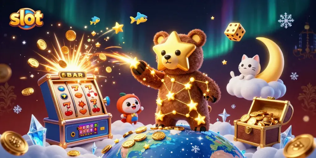 Menggenggam slot jackpot, beruang konstelasi mengumpulkan koin emas dengan ikan bintang menembak di sekitarnya.