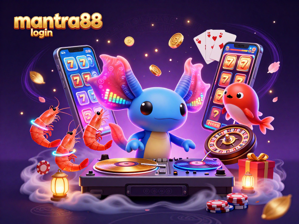 Join the fun at mantra88 login with a vibrant 3D casino scene showcasing slot games and lively characters.