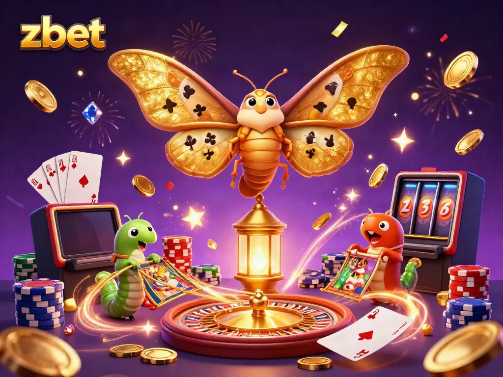 ZBET showcases an enchanting casino scene featuring a golden moth amidst vibrant games, coins, and elegance.