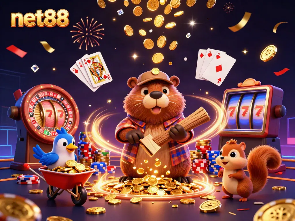 Experience thrilling gaming with net88 as a lumberjack beaver collects gold coins raining down from a tree.