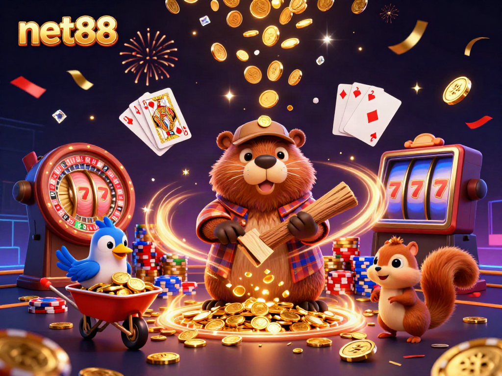 Experience thrilling gaming with net88 as a lumberjack beaver collects gold coins raining down from a tree.