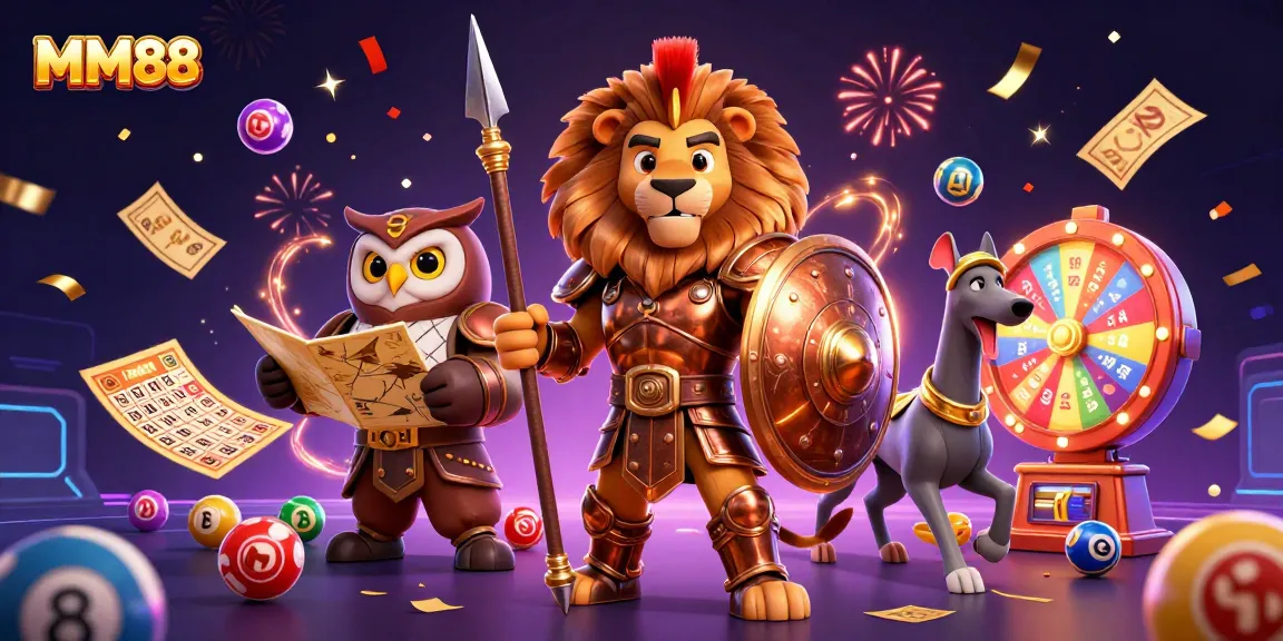 Engage with MM88's vibrant gaming experience featuring a Spartan lion and tactical elements.