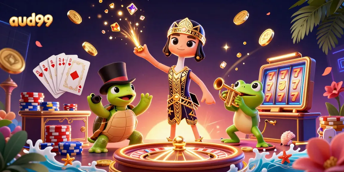 Experience the excitement of aud99 at a virtual casino with colorful characters and dynamic gaming elements.