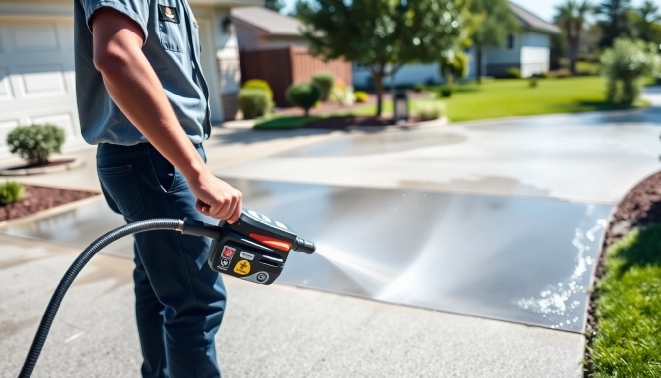 Driveway cleaning professional using pressure washer to restore driveway's appearance
