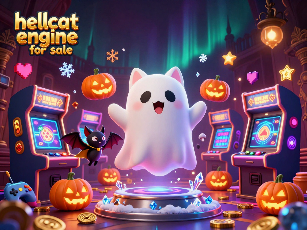 Exciting scene with a hellcat engine for sale depicted among animated casino elements like ghosts and jack-o-lanterns.