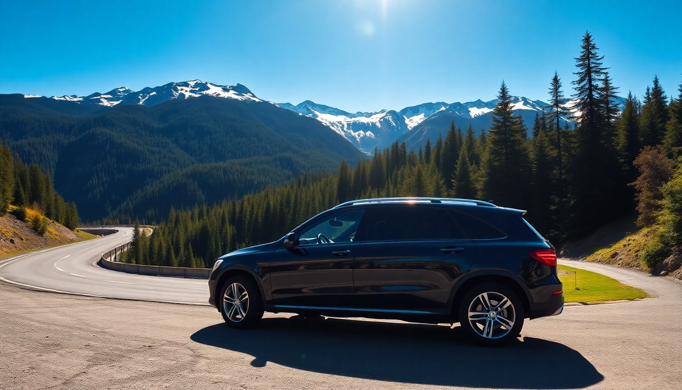 Experience premium car service vancouver to whistler with luxury SUV amidst stunning mountain scenery.