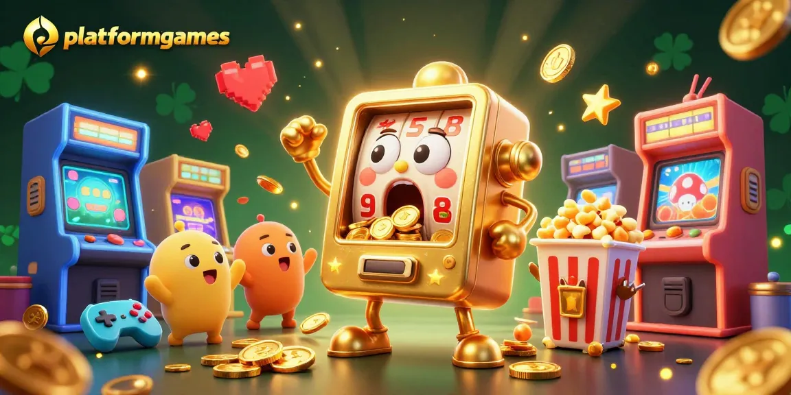 platformgames showcases winning moments with a cheerful golden slot machine and vibrant gaming elements.