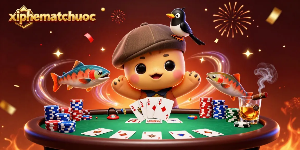 xiphematchuoc showcases an exciting poker scene with cartoon characters celebrating wins in a vibrant casino atmosphere.