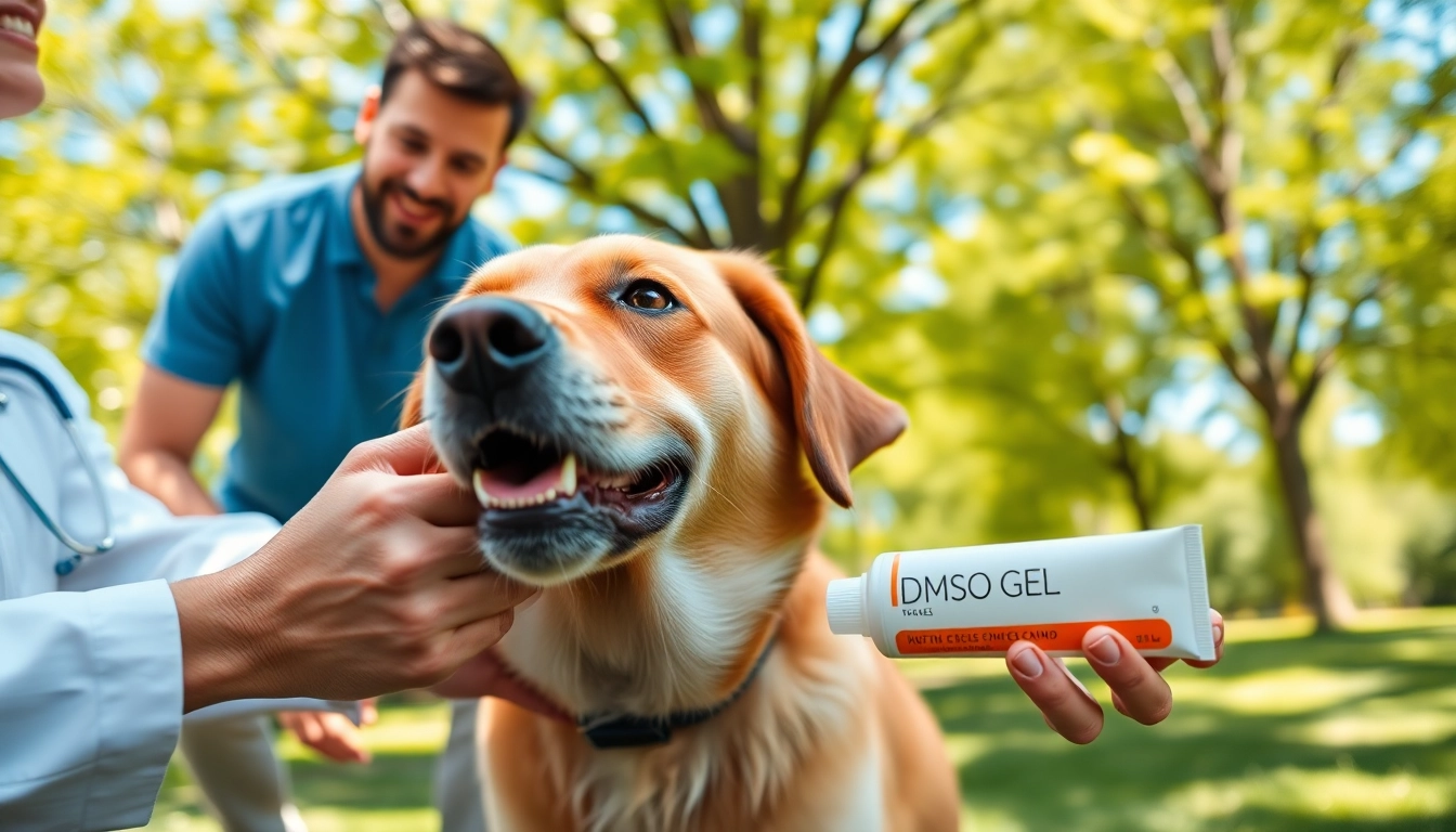 Applying DMSO for dogs in a sunny park with a veterinarian and caring owner.