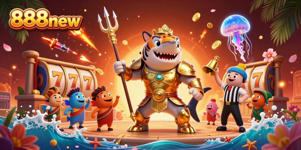 An engaging scene showcasing the thrilling universe of 888new, featuring a tiger shark in gladiator armor and dynamic slot game elements.
