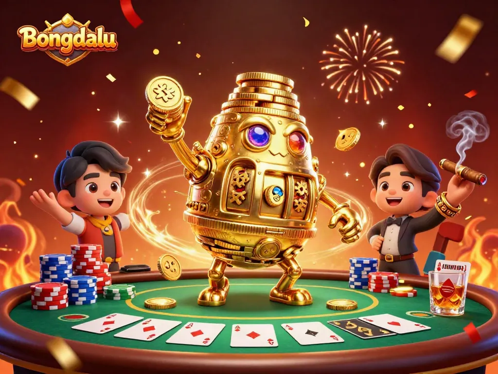 Bongdalu showcases a vibrant scene with a golden golem and dynamic poker elements, perfect for gamblers.