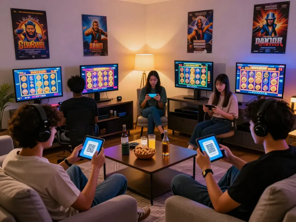 Exciting home gaming atmosphere featuring players enjoying slot gacor games via QRIS deposits.