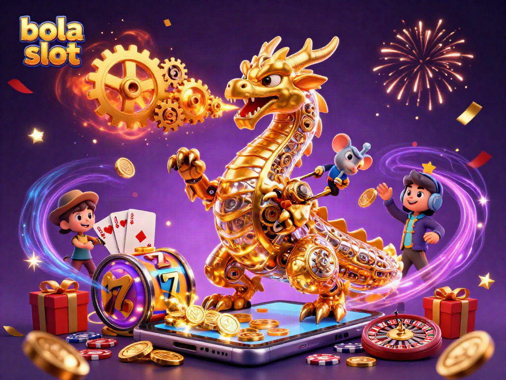 Engage with exciting bola slot gameplay featuring vibrant slot reels, coins, and the enchanting golden dragon.