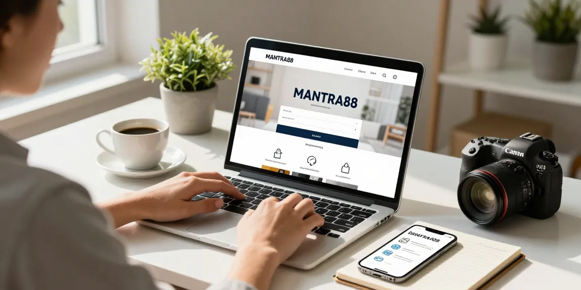 Engaged user on MANTRA88 login page, showcasing a modern workspace with a laptop, coffee, and cozy decor.
