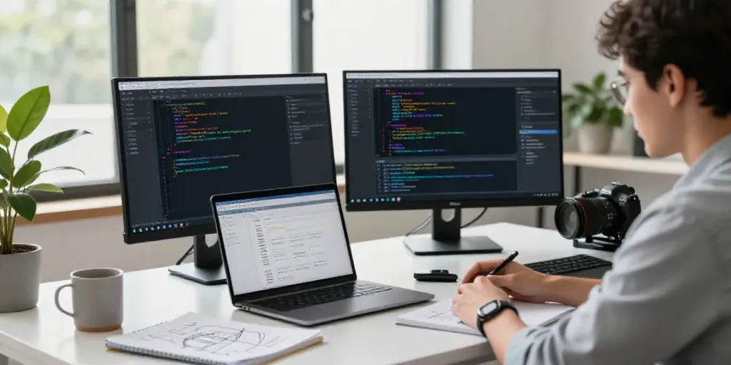 Creating RSS content creation software in a professional workspace with modern technology.