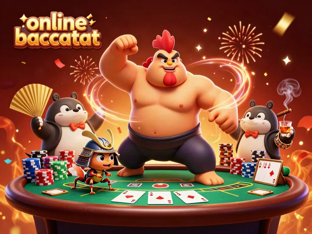 Engage in exciting online baccarat with powerful characters and vibrant casino elements in this dynamic illustration.