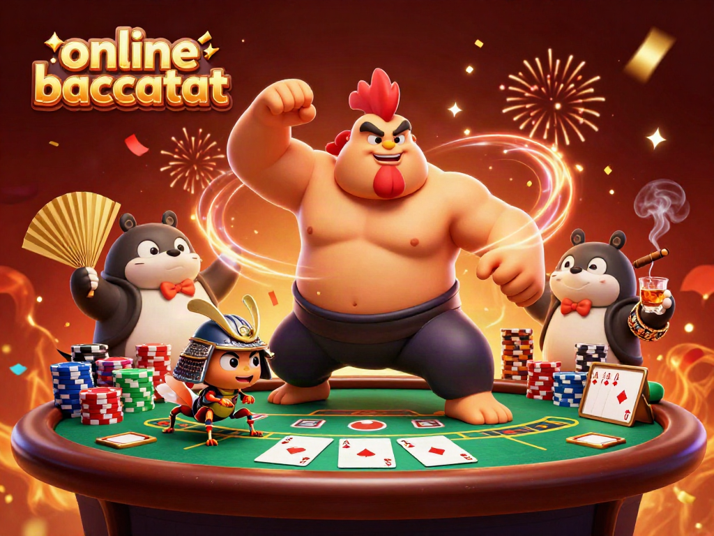 Engage in exciting online baccarat with powerful characters and vibrant casino elements in this dynamic illustration.