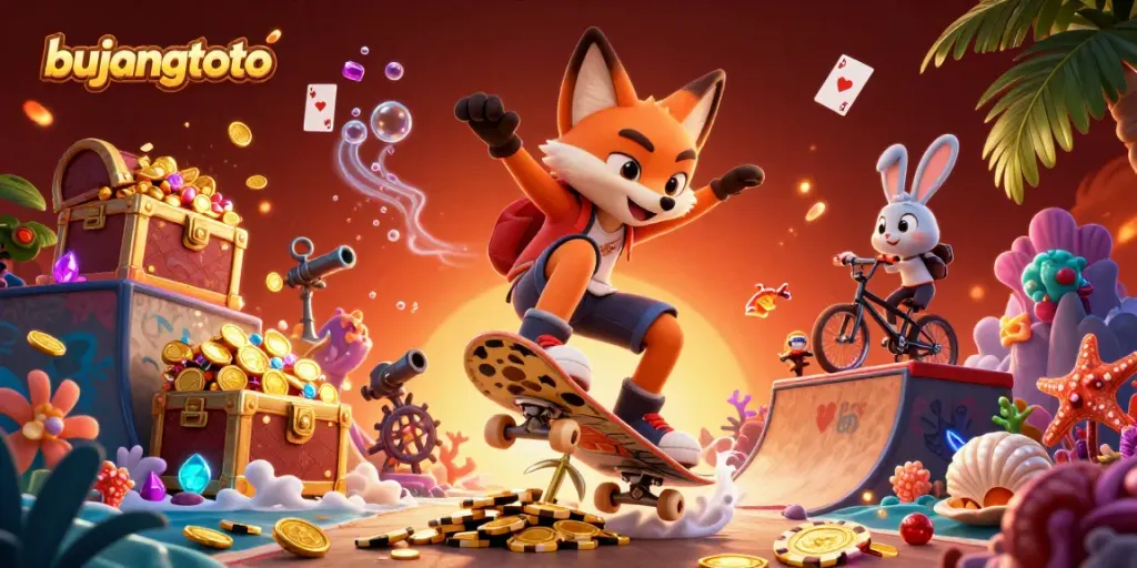 Experience thrilling gaming with bujangtoto in a vibrant 3D casino world illustration.