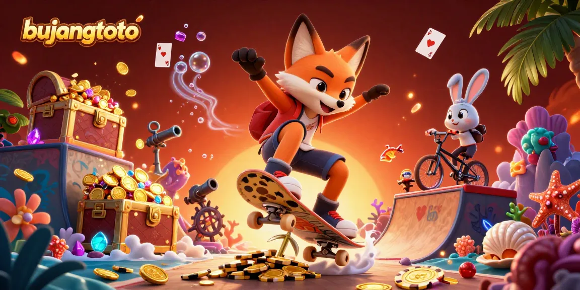 Experience thrilling gaming with bujangtoto in a vibrant 3D casino world illustration.