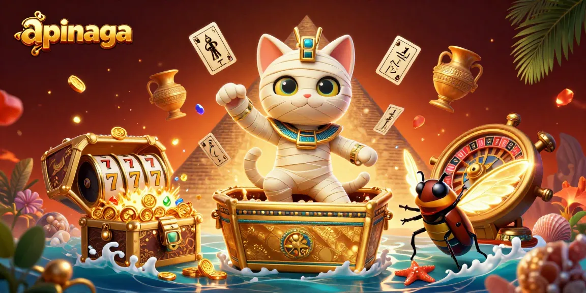 Play slots with apinaga while an Egyptian mummy cat and scarab beetle join the fun in a vibrant casino scene.