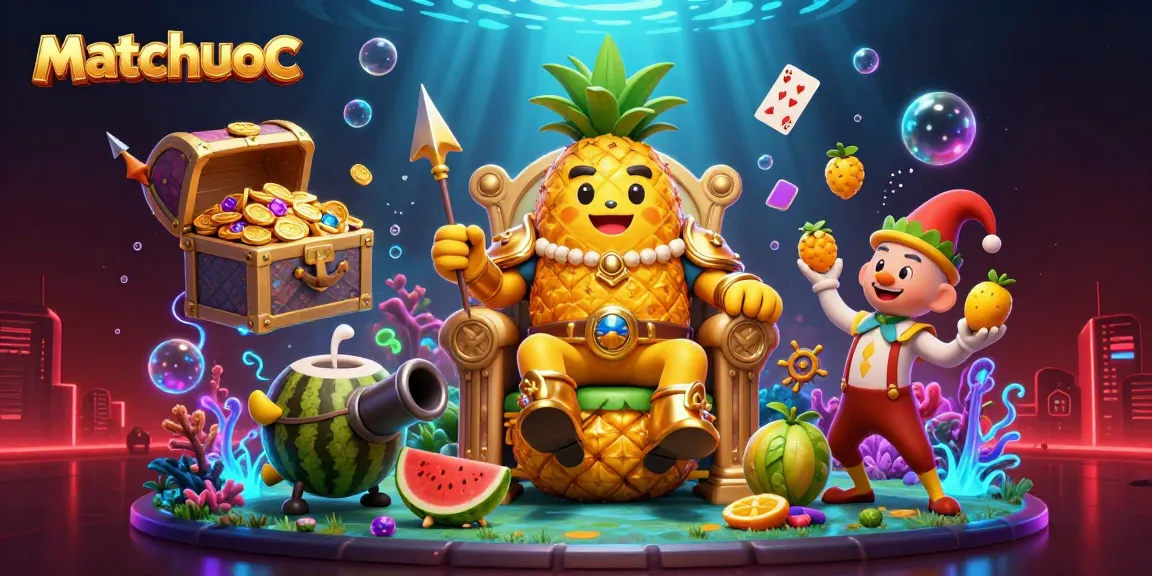 Experience vibrant gaming with matchuoc's golden pineapple king and cannon in an exciting casino setting.