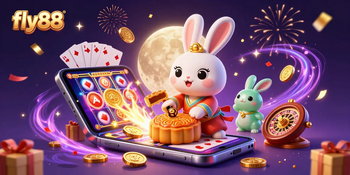 Experience the excitement of fly88 with a magical scene of the moon rabbit and vibrant casino elements.